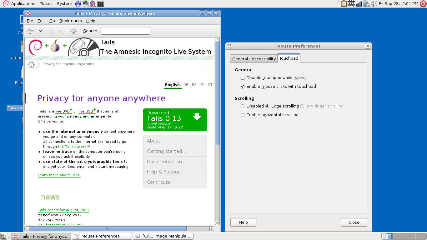 Tails desktop screenshot: 0.13 documentation