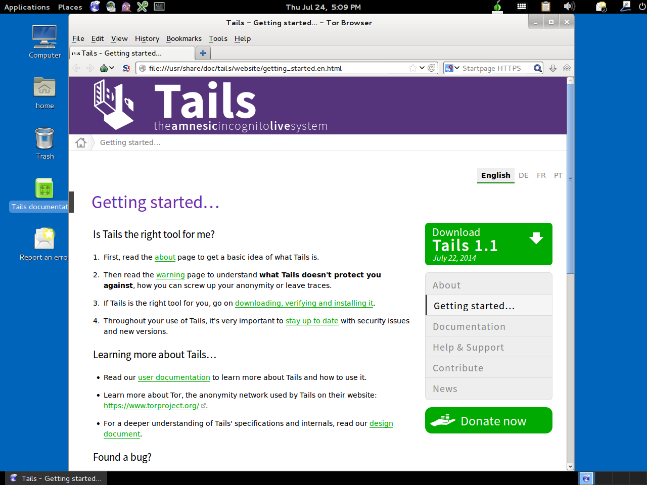 Tails desktop screenshot: 1.1 desktop