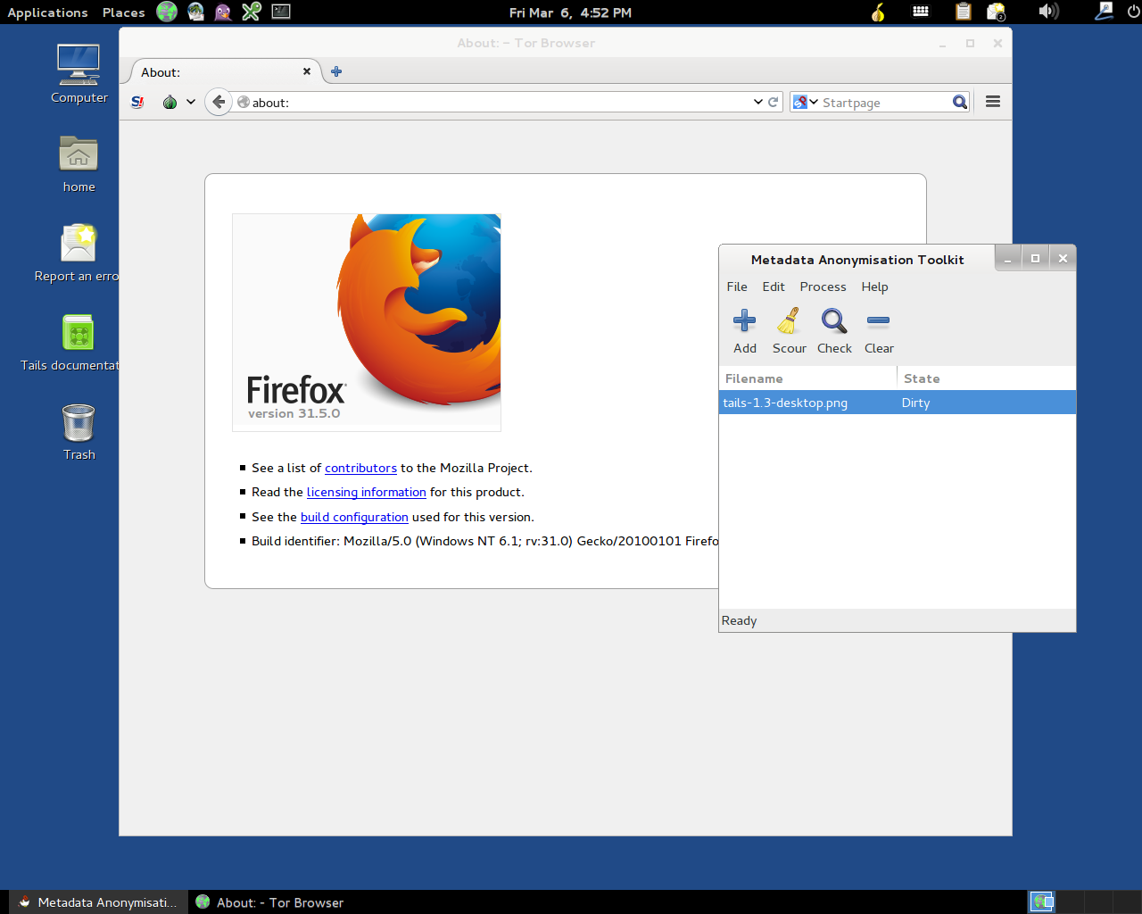 Tails desktop screenshot: 1.3 meta