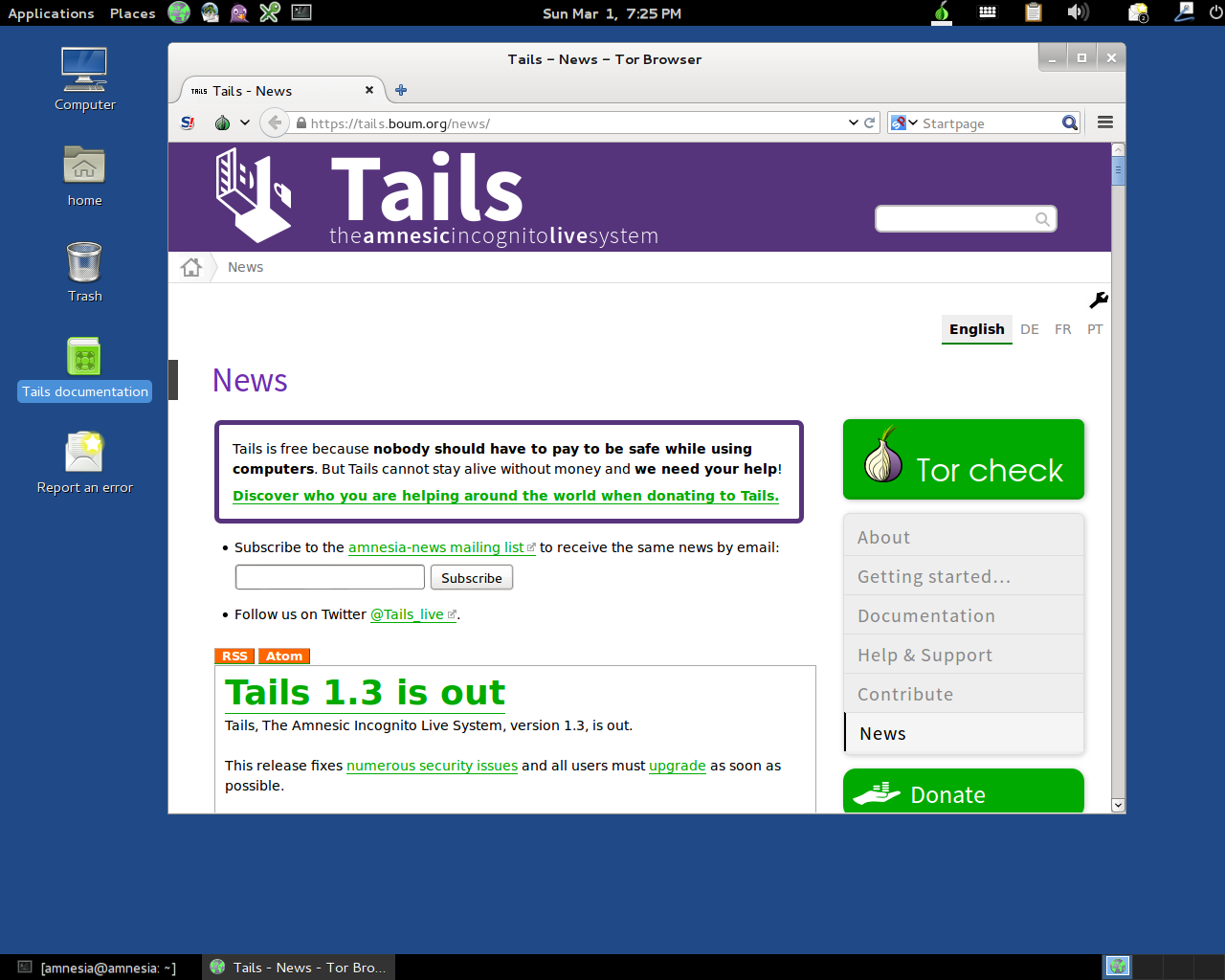 Tails desktop screenshot: 1.3 web