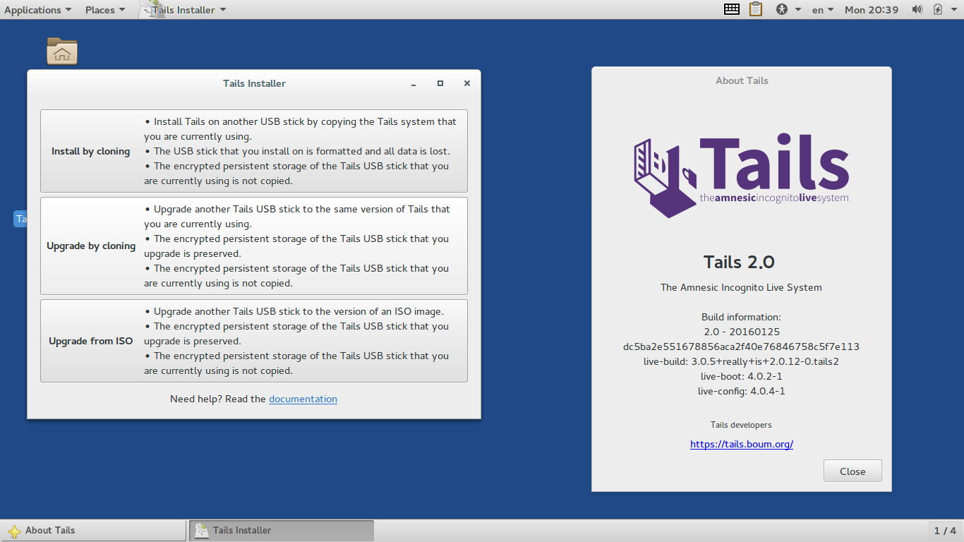 Tails desktop screenshot: 2.0 installer