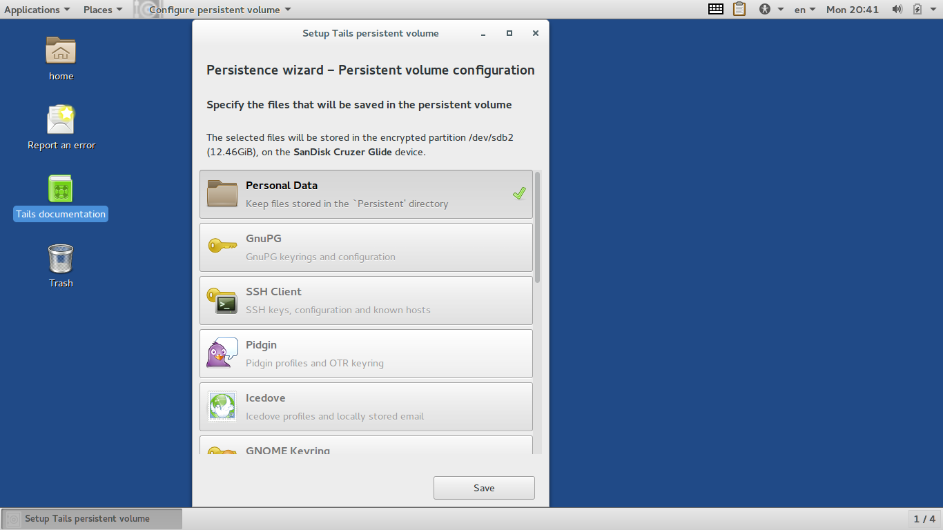 Tails desktop screenshot: 2.0 persistence