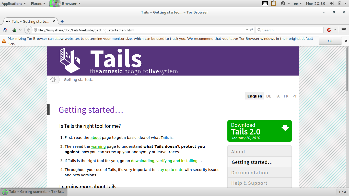 Tails desktop screenshot: 2.0 warning