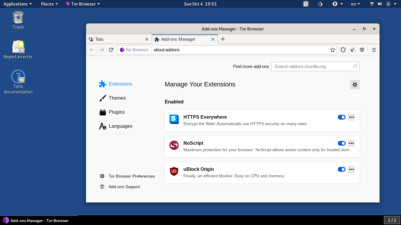 Tails desktop screenshot: 4.11 browser extensions