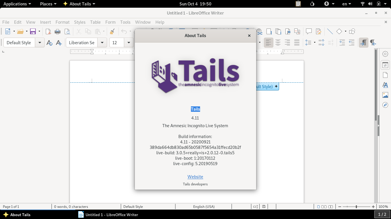 Tails desktop screenshot: 4.11 libreoffice