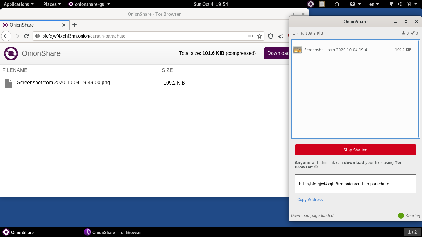 Tails desktop screenshot: 4.11 onionshare