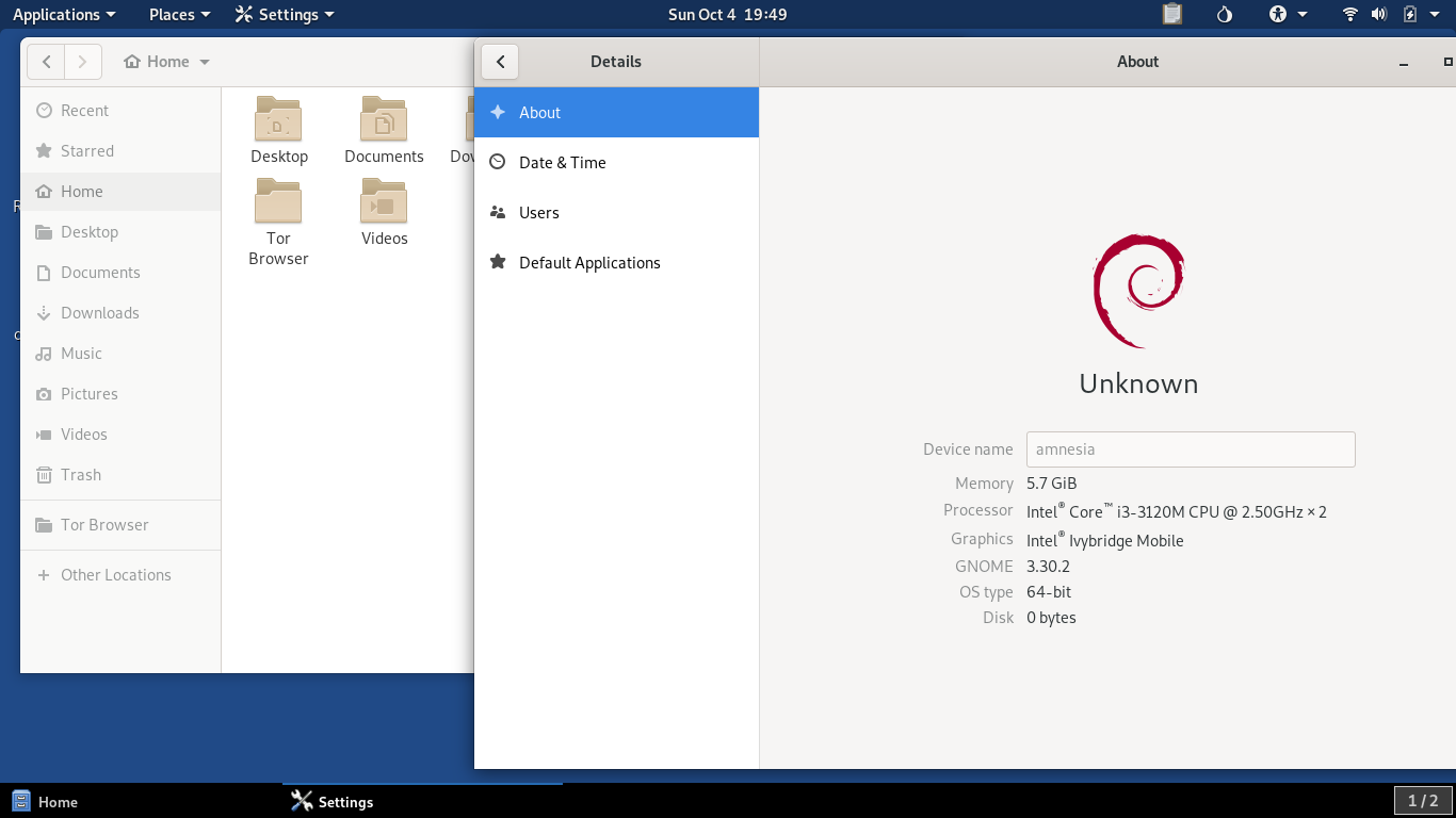 Tails desktop screenshot: 4.11 settings