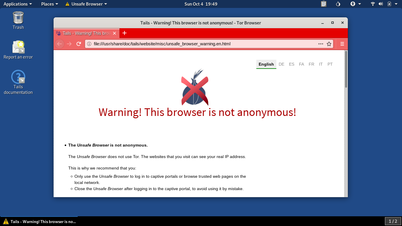 Tails desktop screenshot: 4.11 unsafe