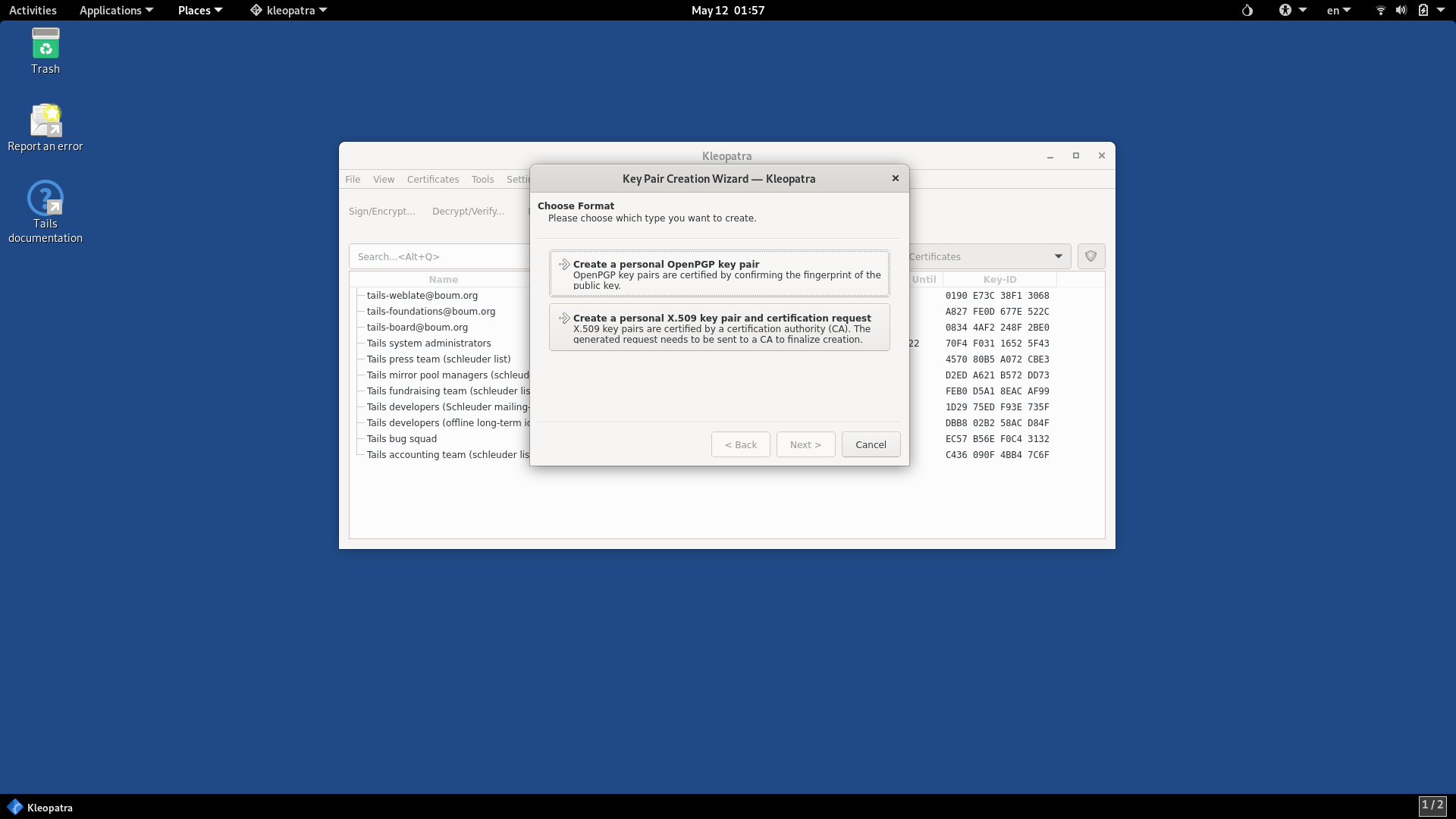 Tails desktop screenshot: 5.0 kleopatra