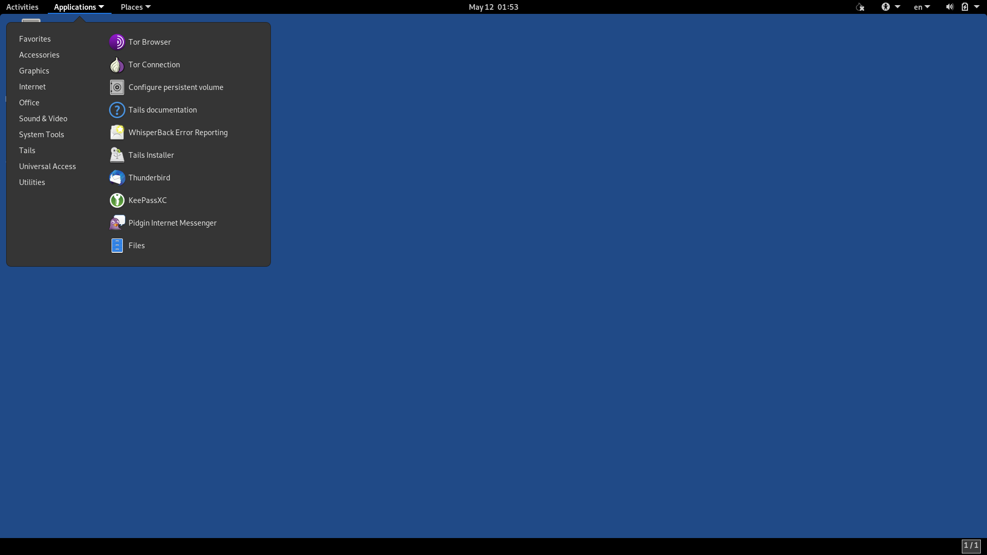 Tails desktop screenshot: 5.0 menu