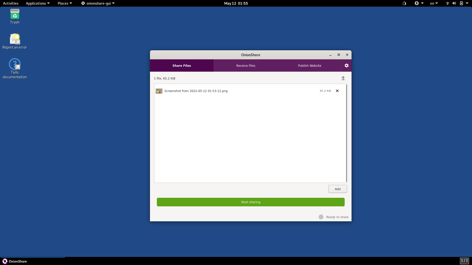 Tails desktop screenshot: 5.0 onionshare