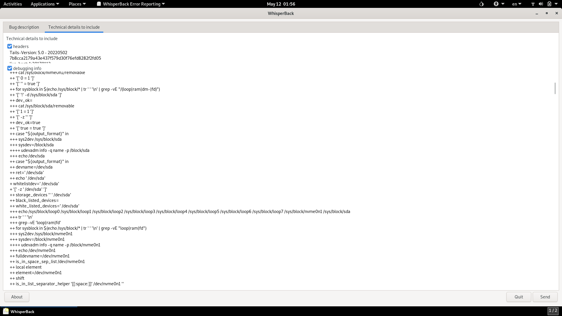 Tails desktop screenshot: 5.0 whisperback