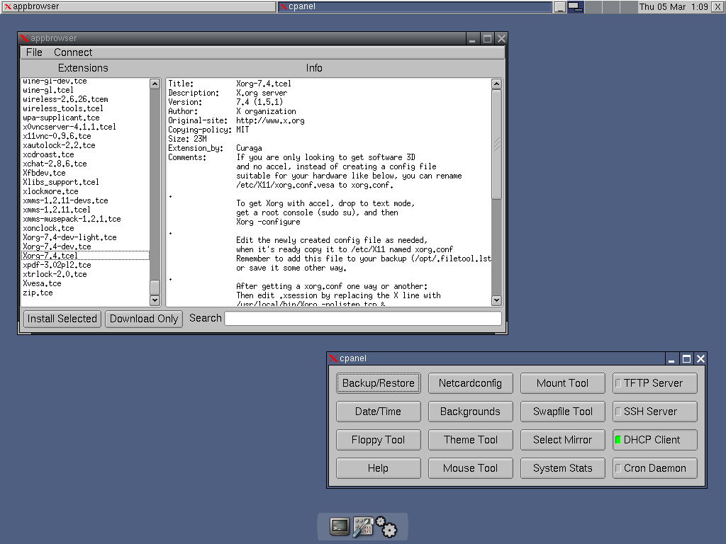 Tiny Core desktop screenshot: 1.2