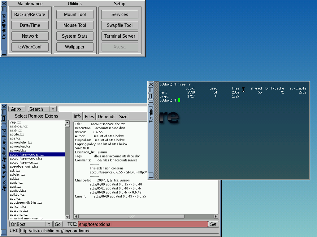 Tiny Core desktop screenshot: 17.0 desktop