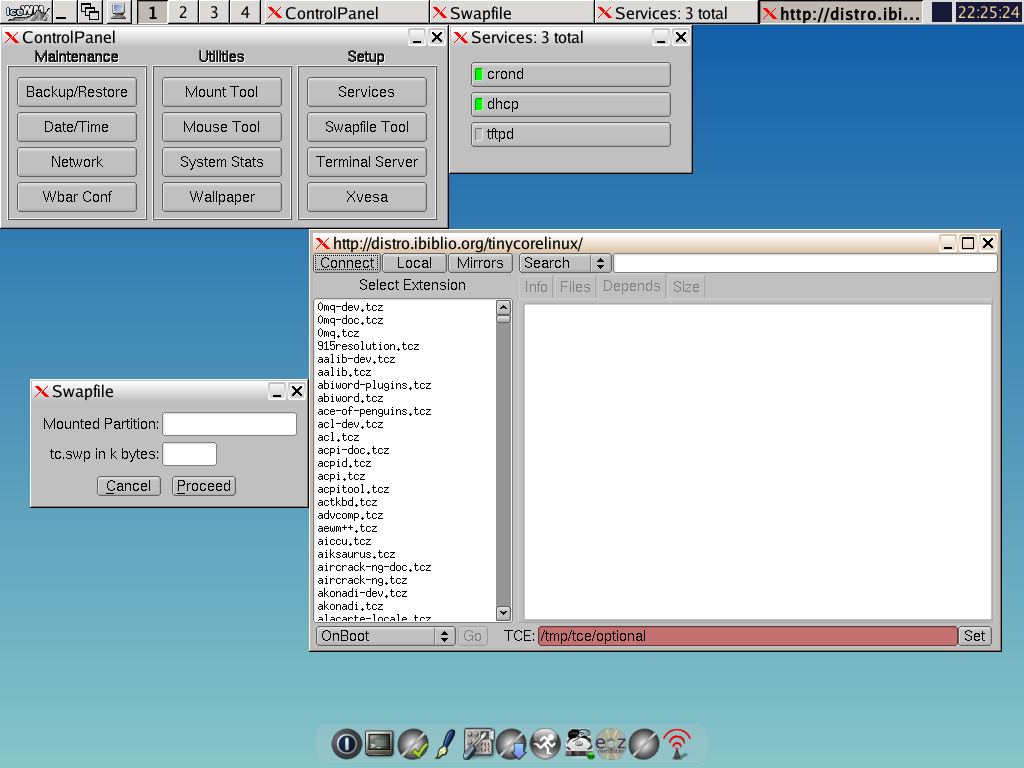 Tiny Core desktop screenshot: 4.2 settings packages