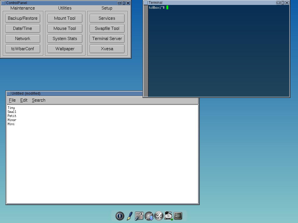 Tiny Core desktop screenshot: 5.0 apps