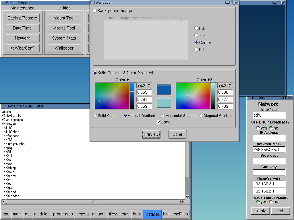 Tiny Core desktop screenshot: 5.0 configuration