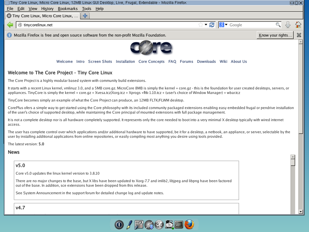 Tiny Core desktop screenshot: 5.0 firefox