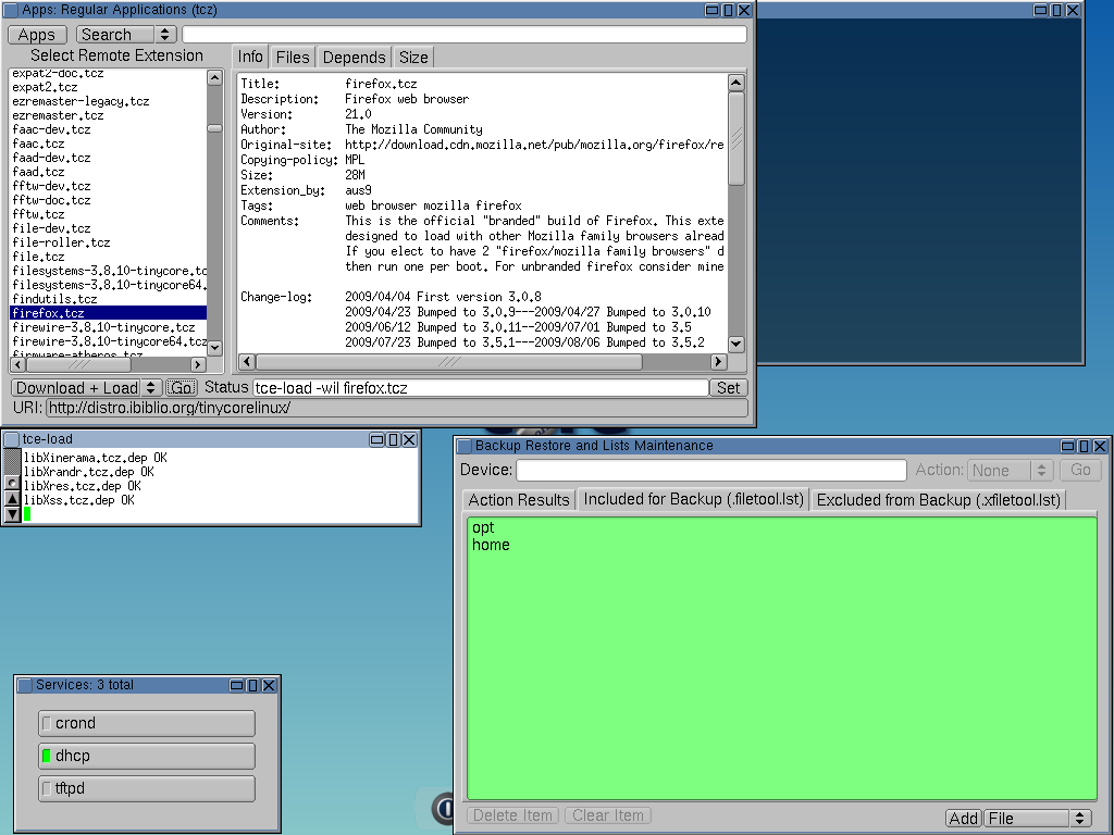 Tiny Core desktop screenshot: 5.0 packages