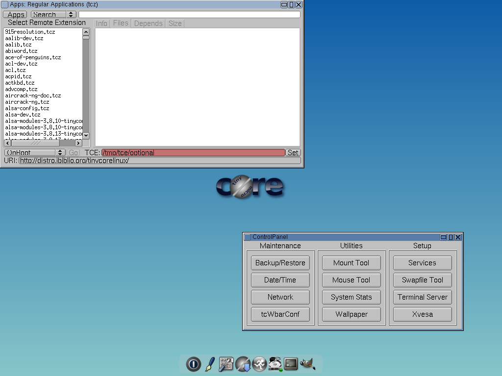 Tiny Core desktop screenshot: 5.2 desktop