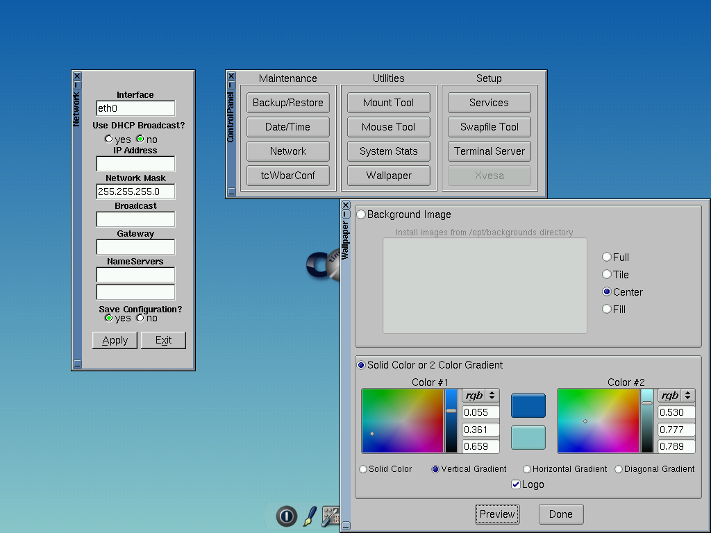 Tiny Core desktop screenshot: 7.1 network