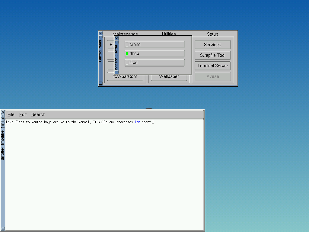 Tiny Core desktop screenshot: 7.1 services