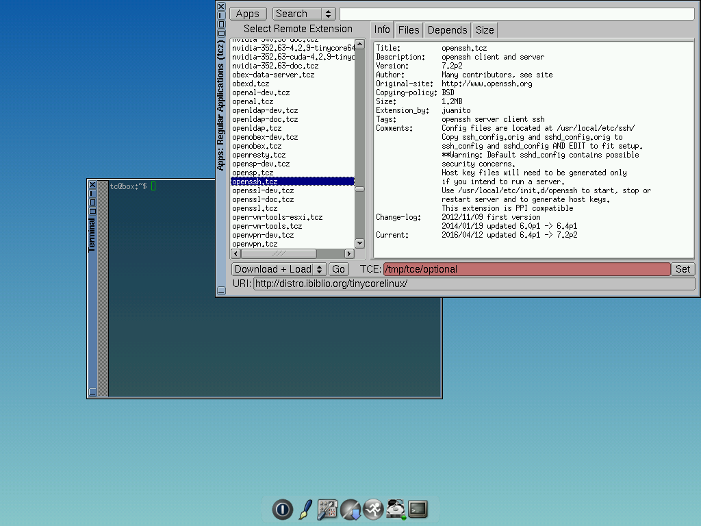 Tiny Core desktop screenshot: 7.1 software