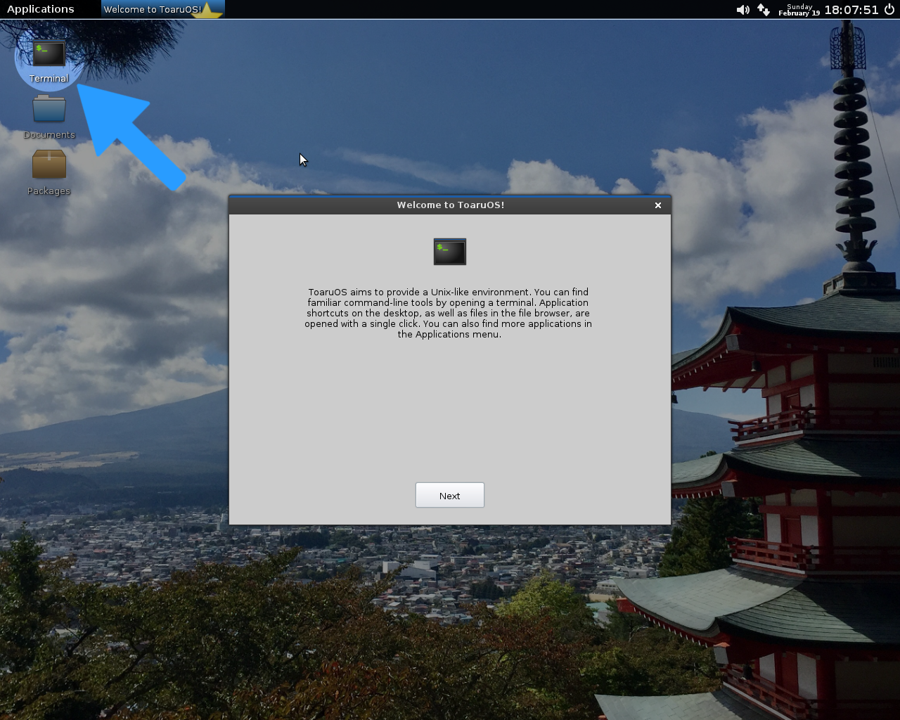 ToaruOS desktop screenshot: 1.0.4 tutorial