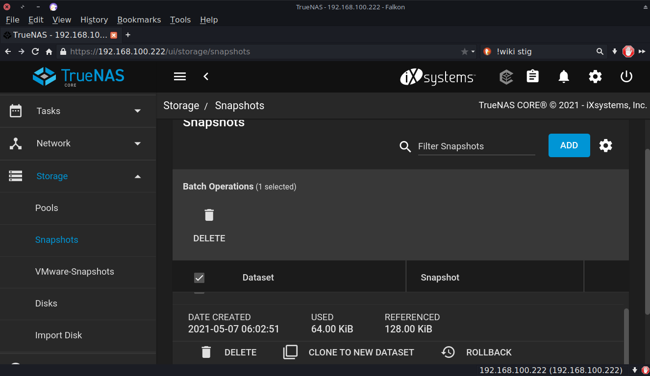 TrueNAS desktop screenshot: 12.0 snapshot