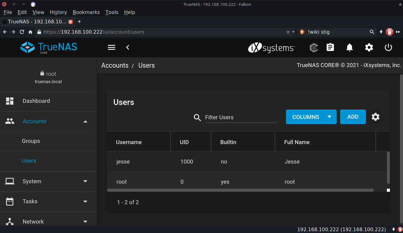 TrueNAS desktop screenshot: 12.0 users