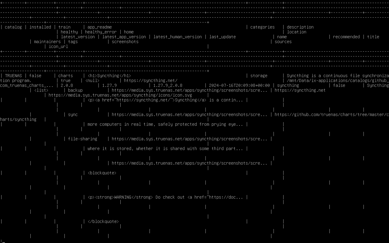 TrueNAS desktop screenshot: 24.04.2 app command