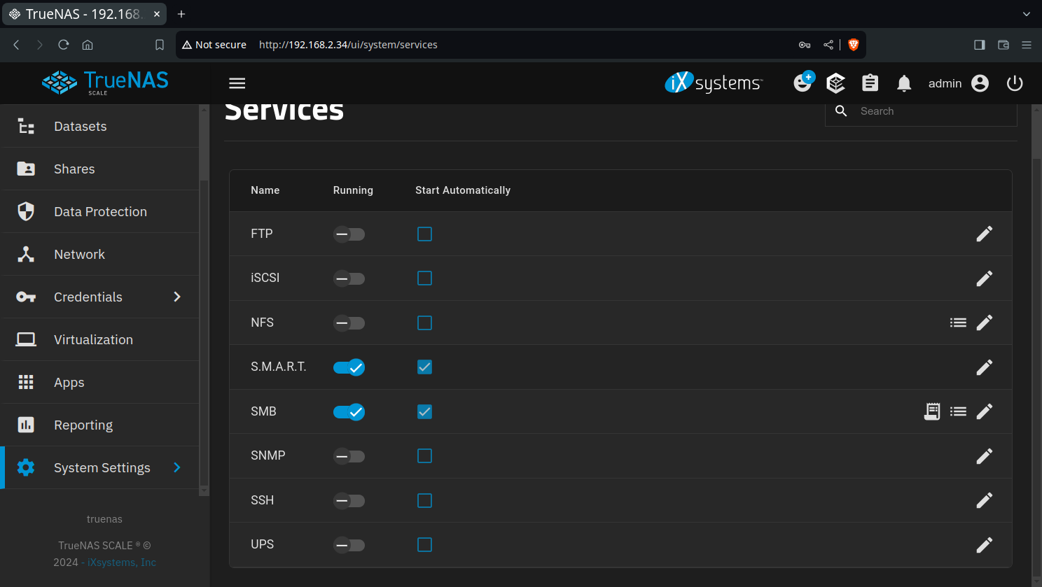 TrueNAS desktop screenshot: 24.04.2 services