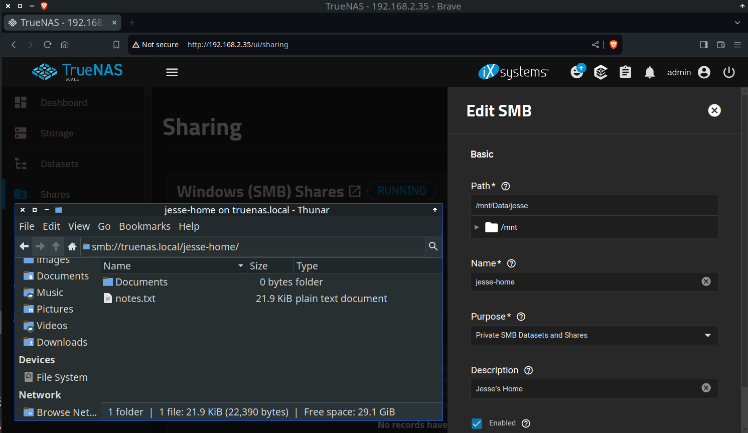 TrueNAS desktop screenshot: 24.04.2 shares