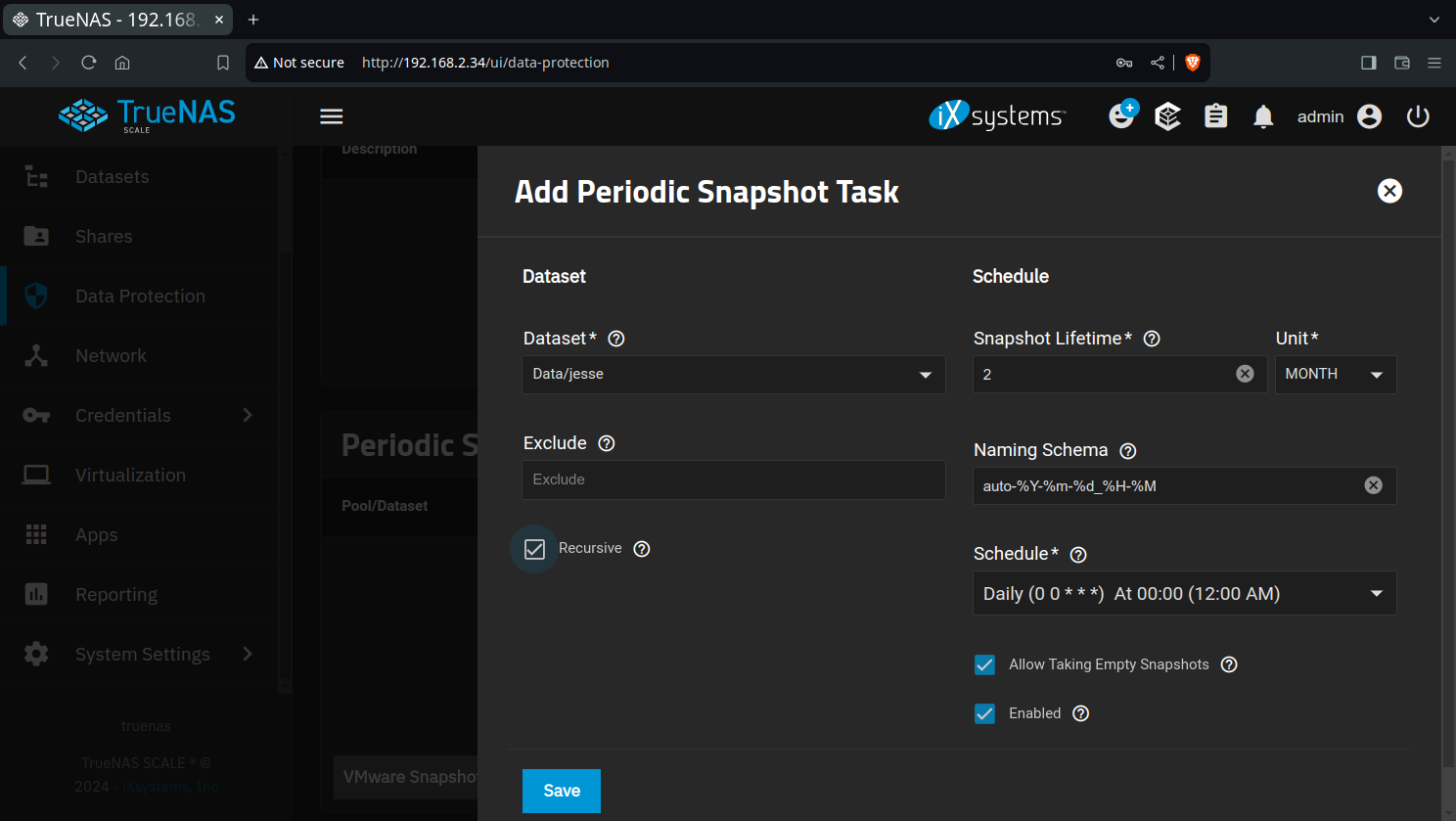 TrueNAS desktop screenshot: 24.04.2 snapshots
