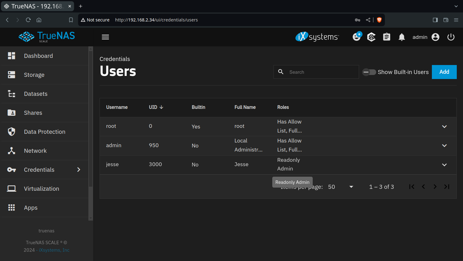 TrueNAS desktop screenshot: 24.04.2 users