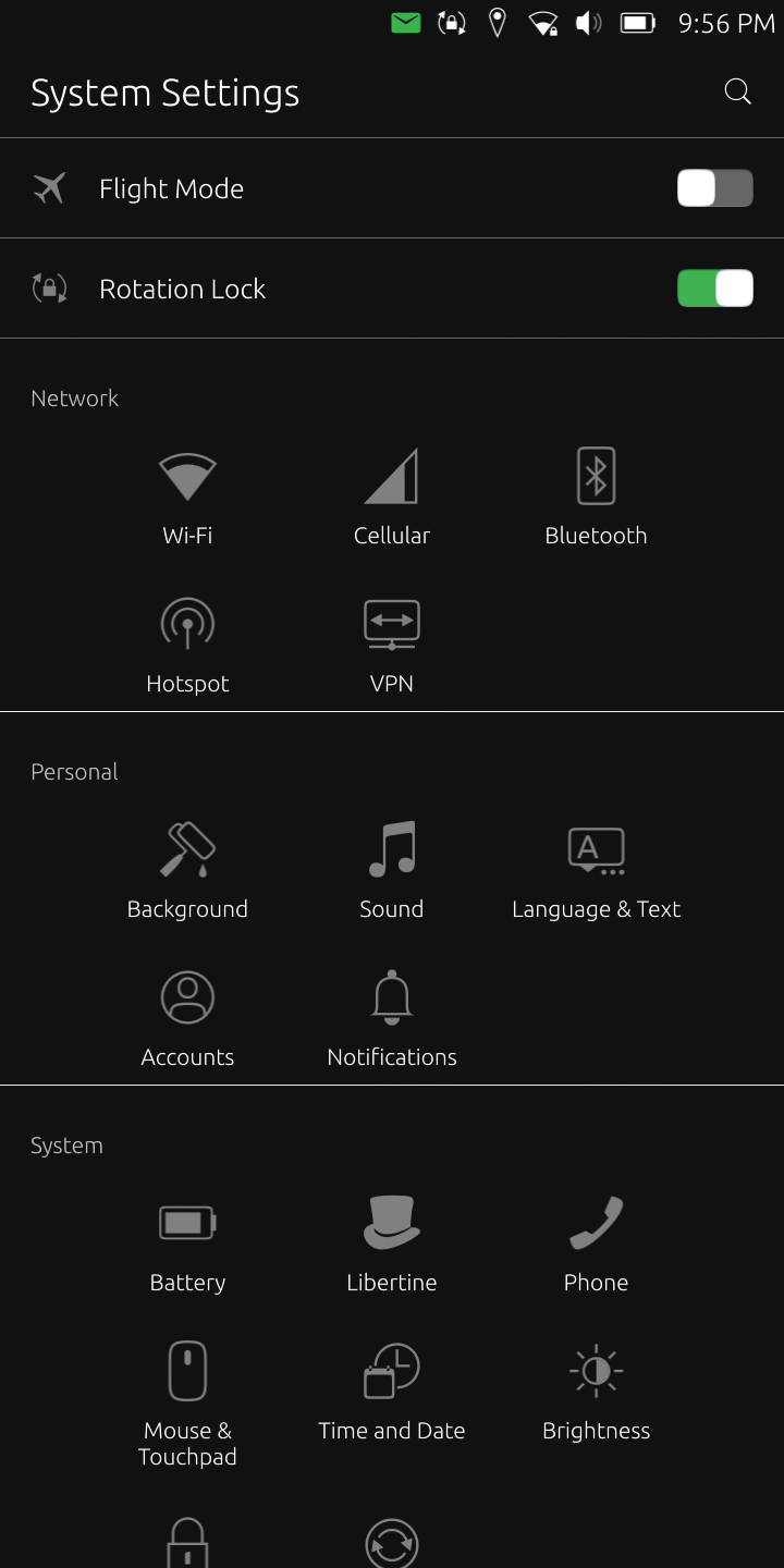 UBports desktop screenshot: 16.04 pinephone settings