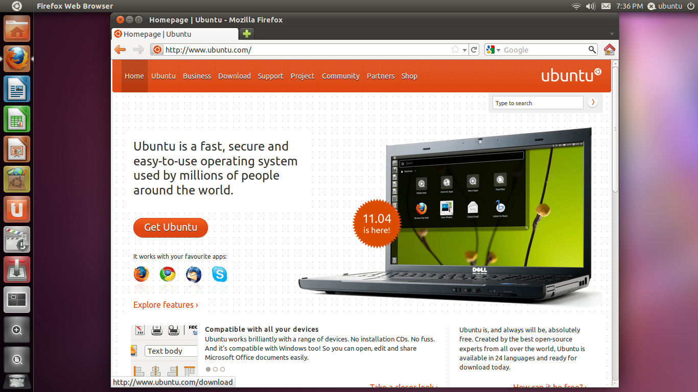 Ubuntu desktop screenshot: 11.04 firefox