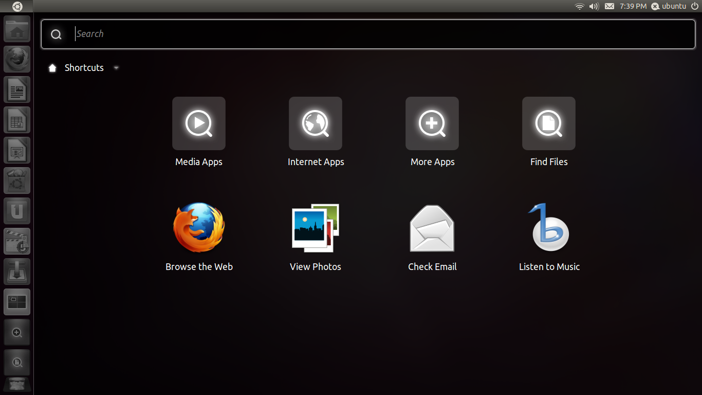 Ubuntu desktop screenshot: 11.04 unity menu