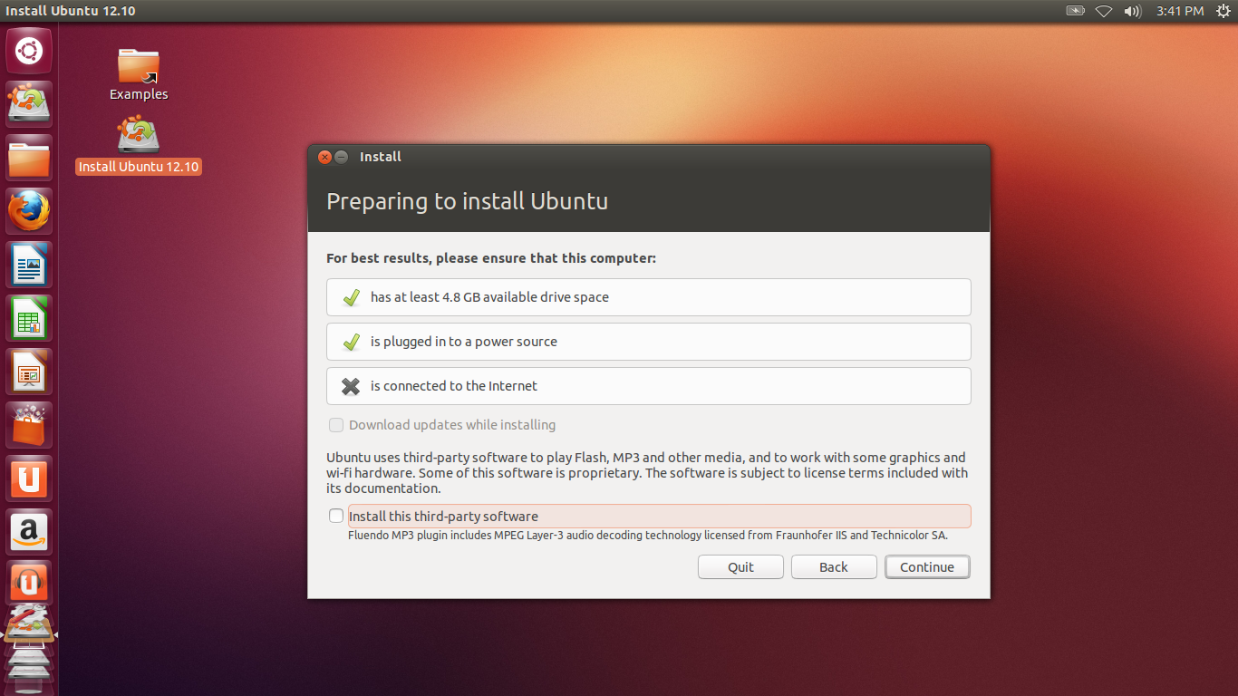 Ubuntu desktop screenshot: 12.10 installer