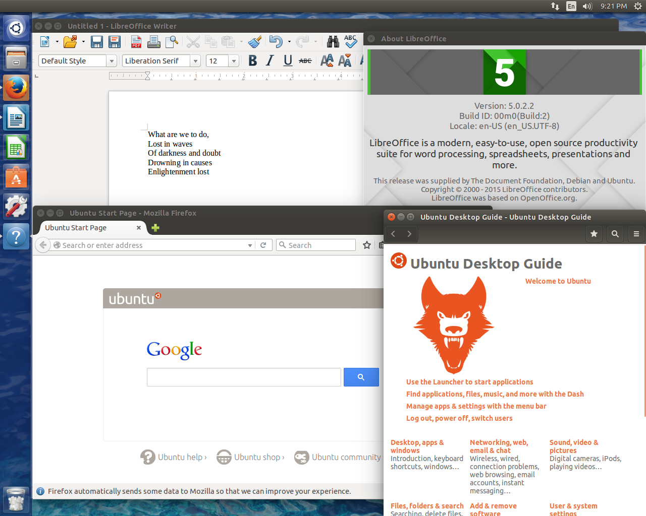 Ubuntu desktop screenshot: 15.10 apps