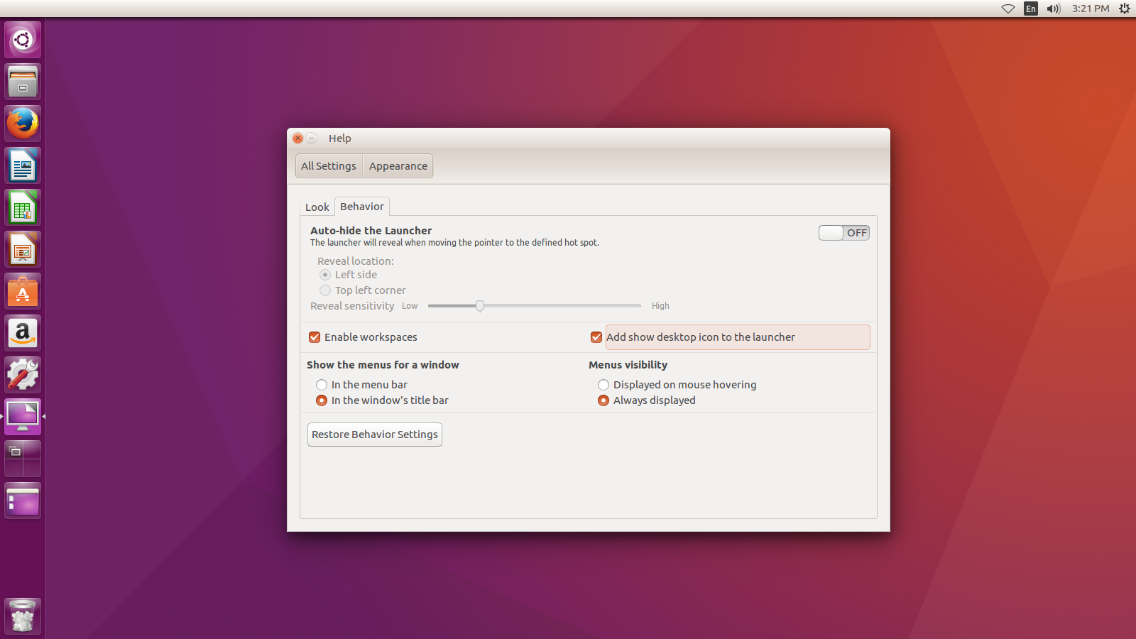 Ubuntu desktop screenshot: 16.04 control panel