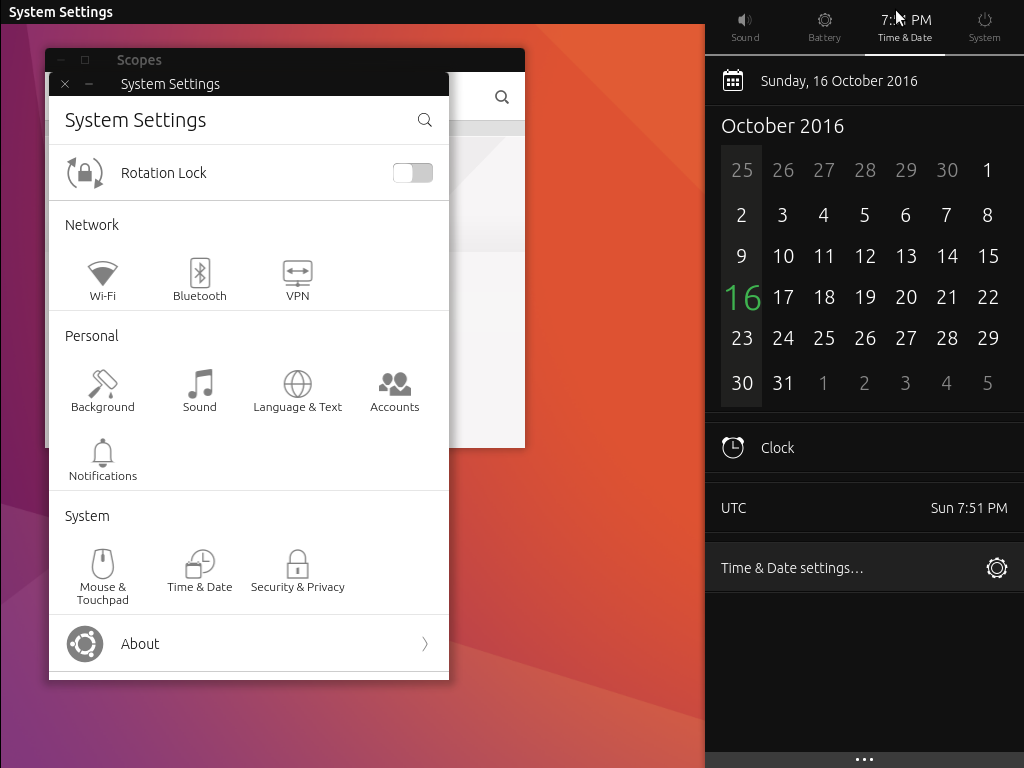 Ubuntu desktop screenshot: 16.10 settings