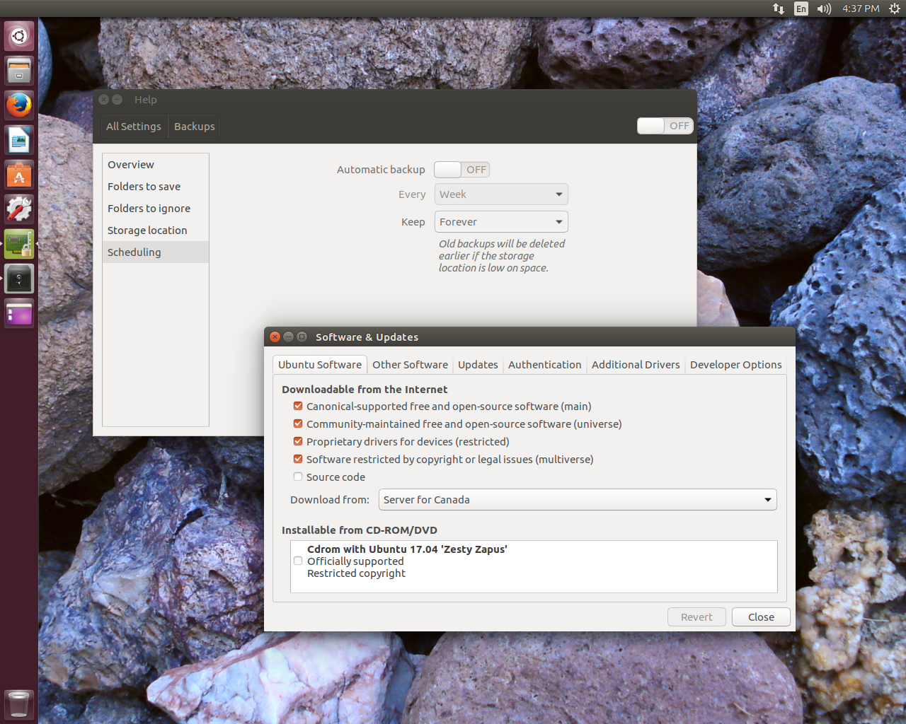 Ubuntu desktop screenshot: 17.04 backups