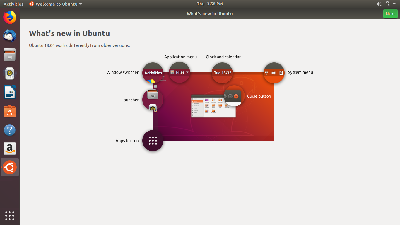 Ubuntu desktop screenshot: 18.04 welcome