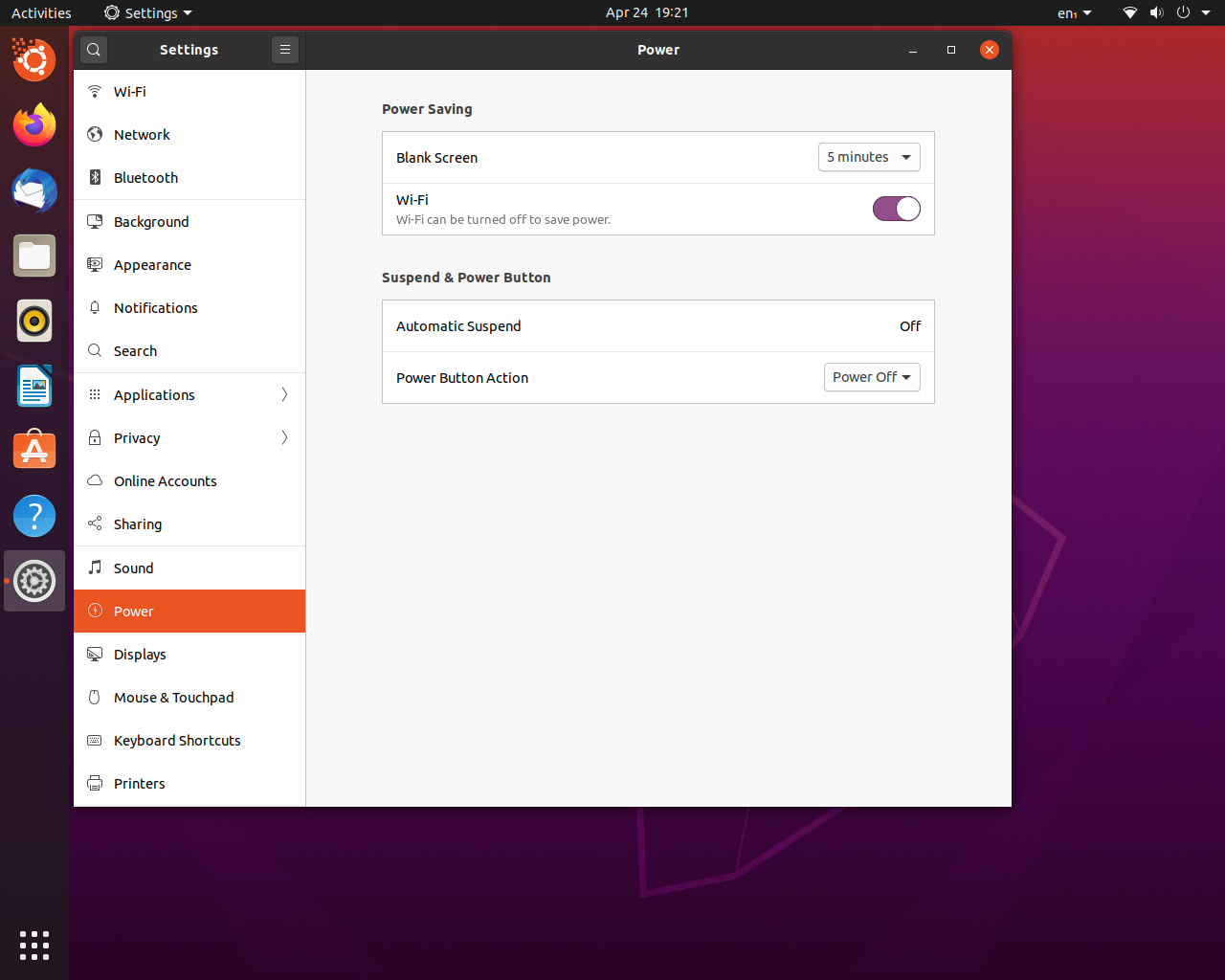 Ubuntu desktop screenshot: 20.04 settings