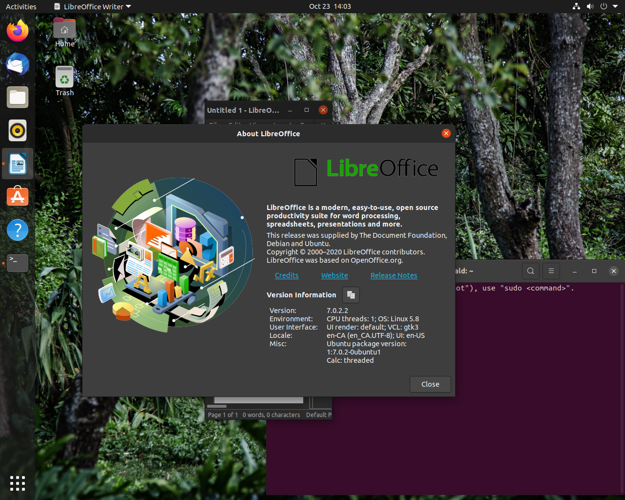 Ubuntu desktop screenshot: 20.10 libreoffice