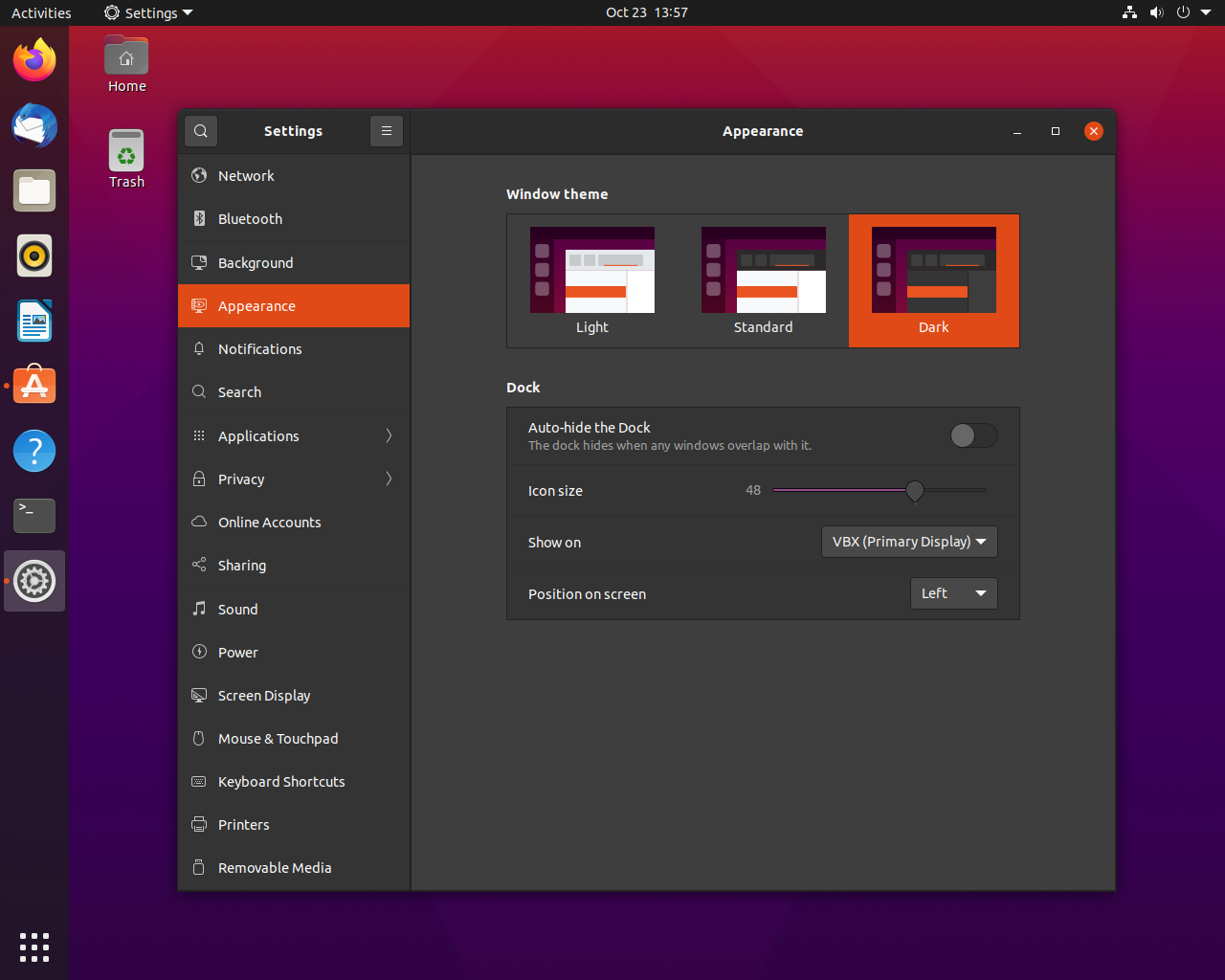 Ubuntu desktop screenshot: 20.10 settings