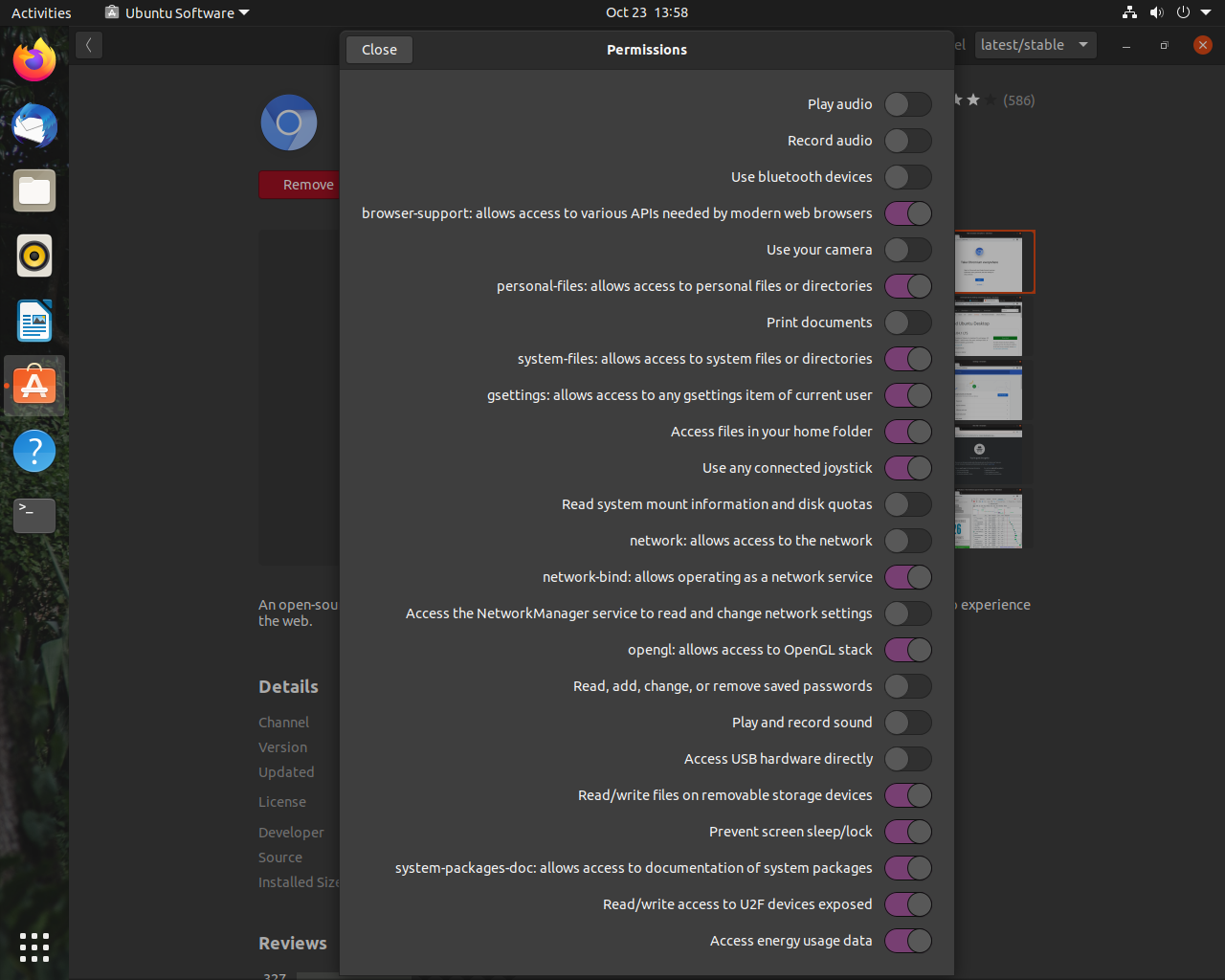 Ubuntu desktop screenshot: 20.10 snap permissions