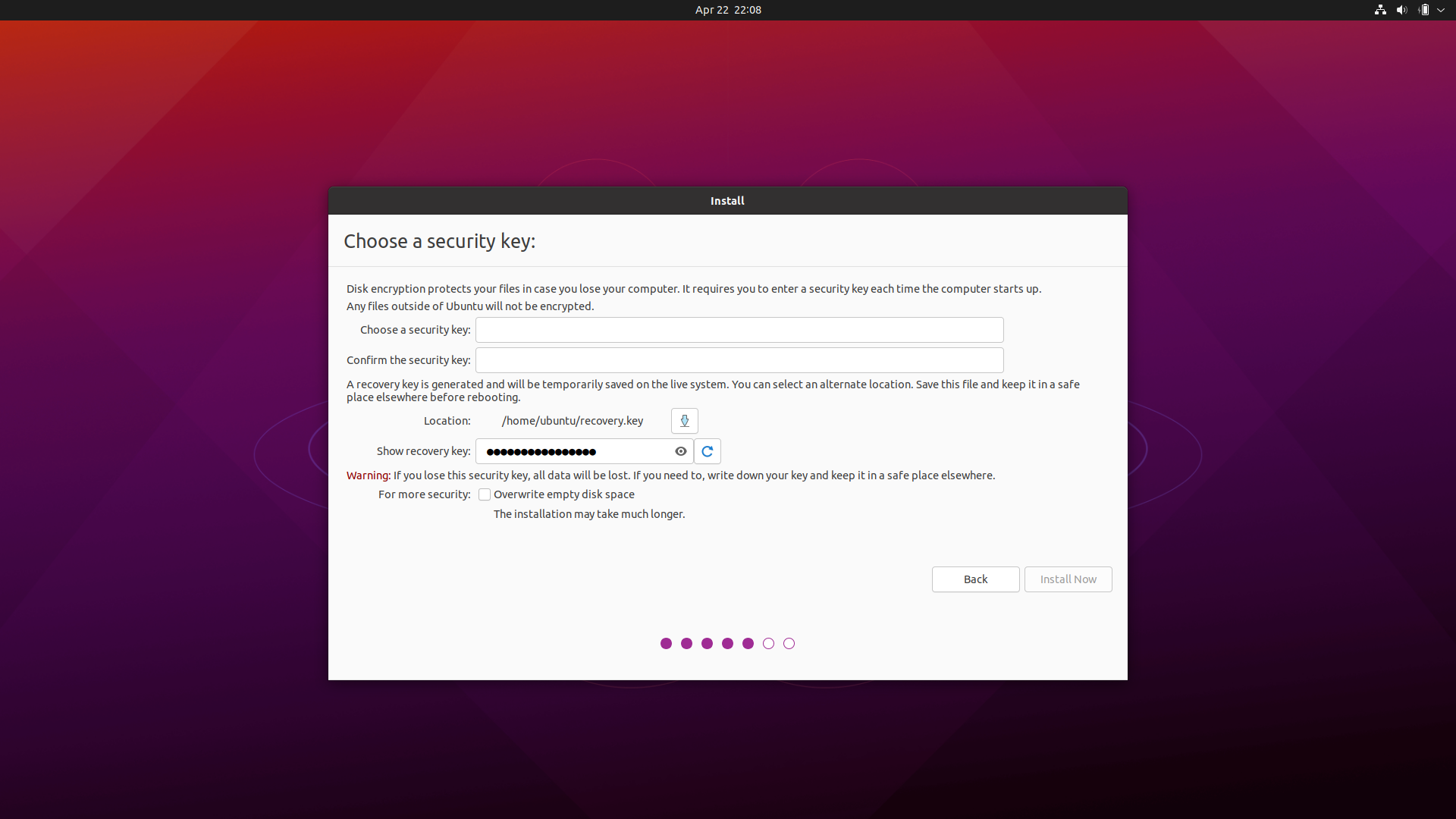 Ubuntu desktop screenshot: 21.04 installer security key screen