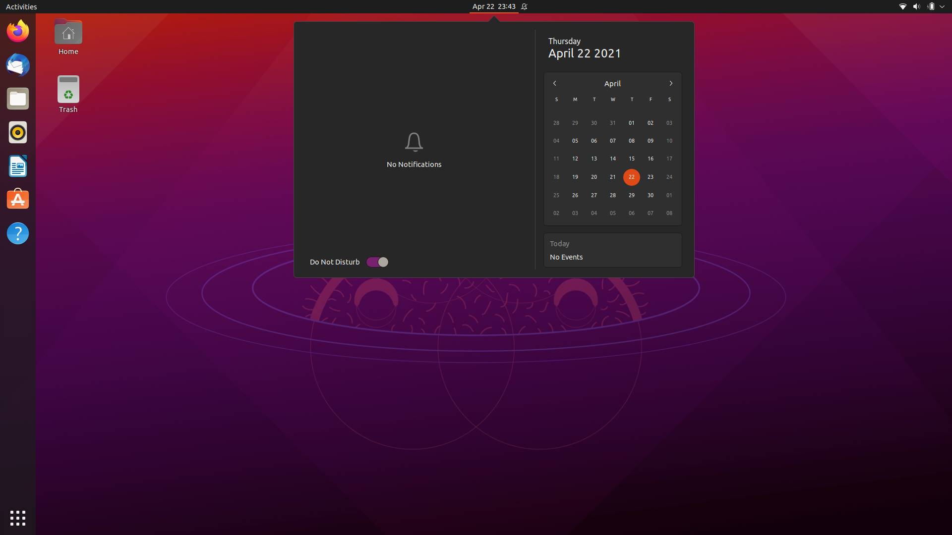 Ubuntu desktop screenshot: 21.04 notification area with dark theme